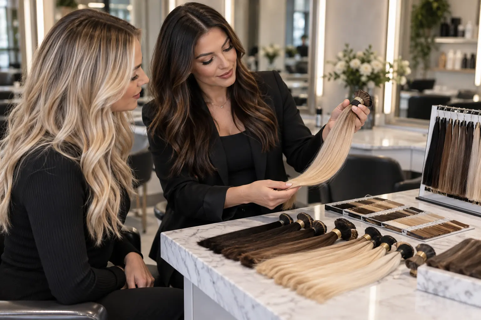 hair extension stylist selecting remy human hair extensions
